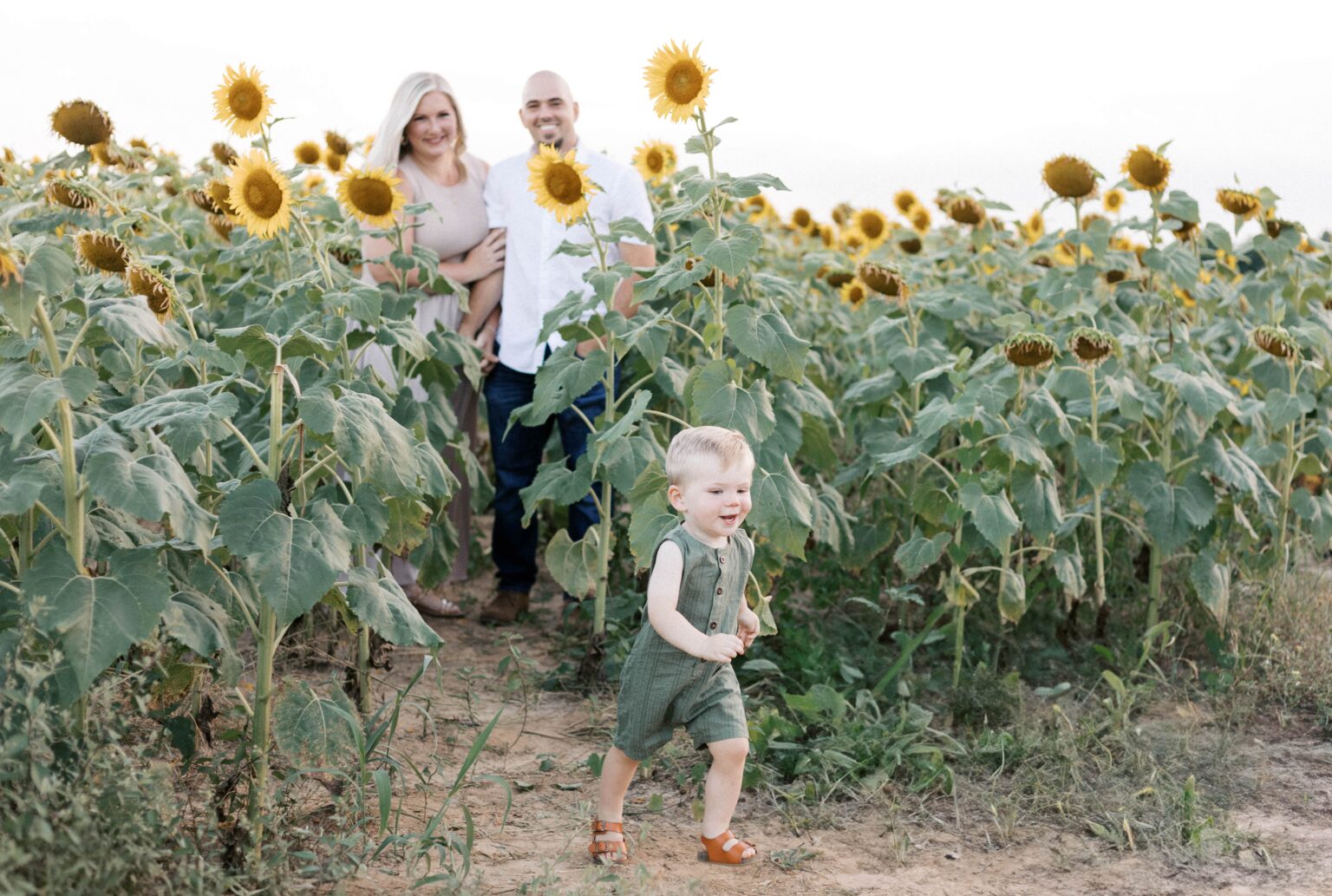child running through sunflower field in peoria il family photos