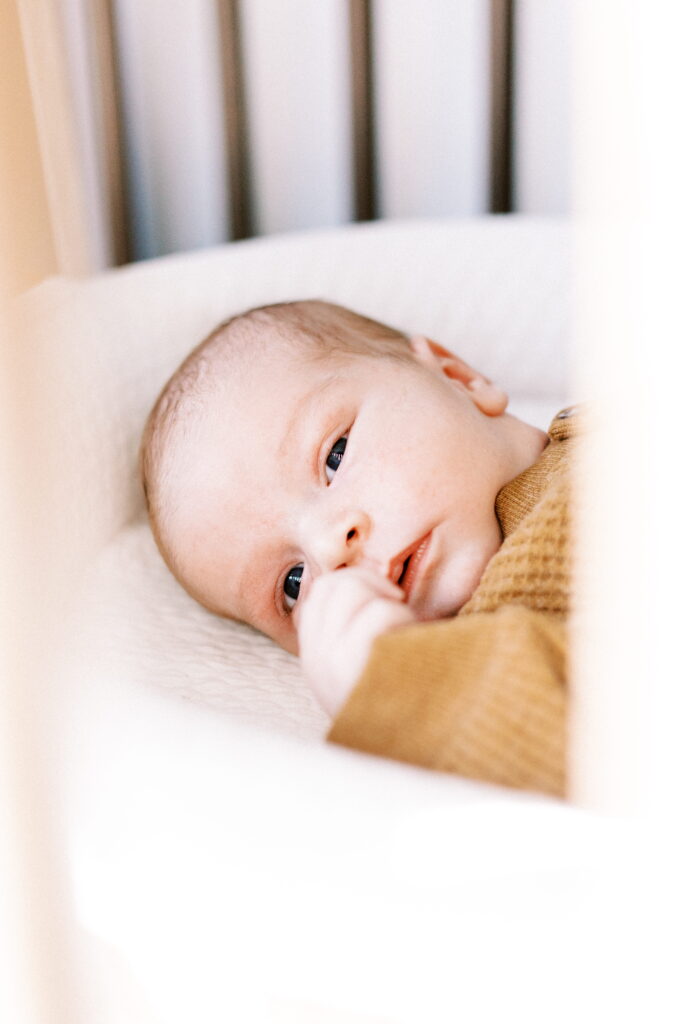 Peoria illinois newborn photographer newborn baby laying in crib in peoria il in home newborn photos